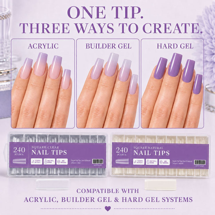 Square Nail Tips compatible with acrylic, builder gel and hard gel nail extension systems