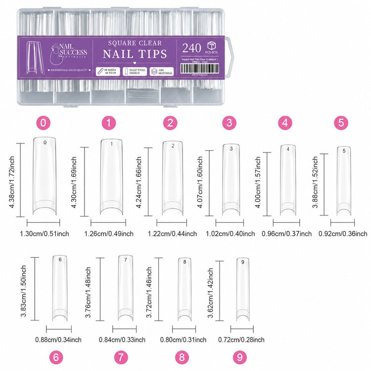 Square Clear Nail Tips size chart with 10 sizes 0 to 9 and measurements in cm and inches