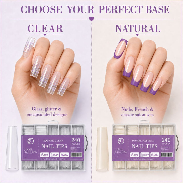 Square Nail Tips Clear versus Natural comparison for glitter encapsulated and French salon nail designs