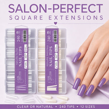 Square Nail Tips Clear and Natural 240pcs boxes by Nail Success Australia with finished square nail set