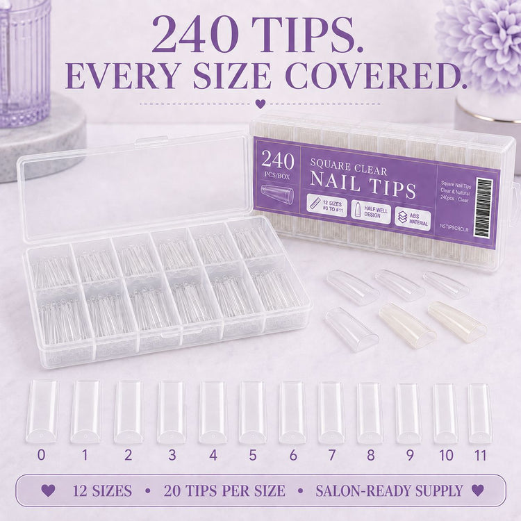 Square Nail Tips 240 pieces tray with tips organised by size
