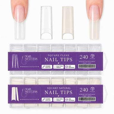 Square Nail Tips Clear and Natural 240pcs boxes by Nail Success Australia with square tips shown on the nail and 10 sizes per box