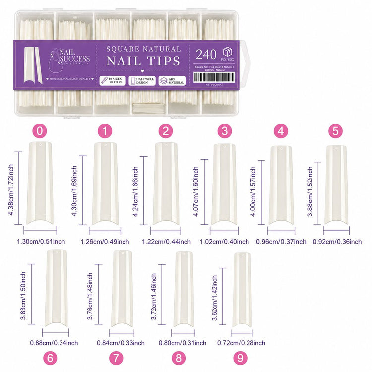 Square Natural Nail Tips size chart with 10 sizes 0 to 9 and measurements in cm and inches