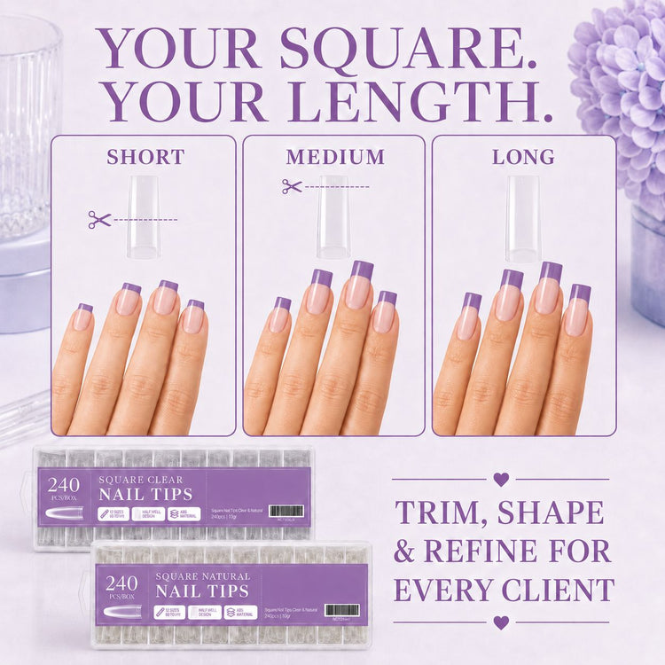 Square Nail Tips trimmed to short, medium and long lengths showing customisable square nail extensions