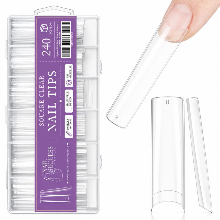 Square Nail Tips Clear 240pcs box by Nail Success Australia with clear square tips on white background