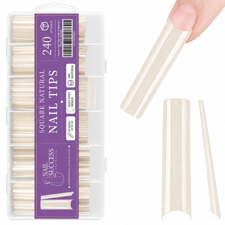 Square Nail Tips Natural 240pcs box by Nail Success Australia with natural square tips on white background