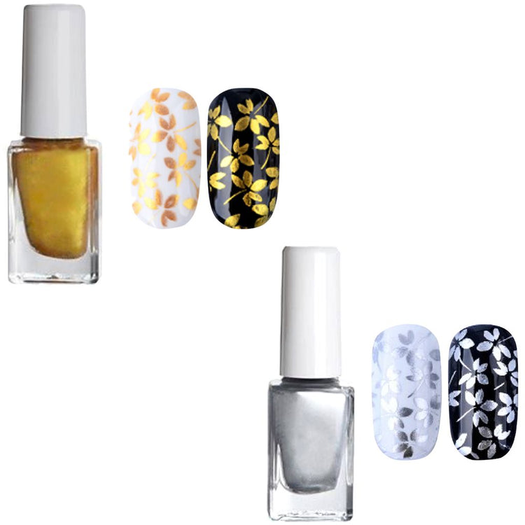 Gold and silver stamping nail polish duo pack with floral stamped nail designs