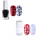 Black and white nail art stamping polish duo with floral stamped nail designs on red and pale nail tips for detailed manicure art