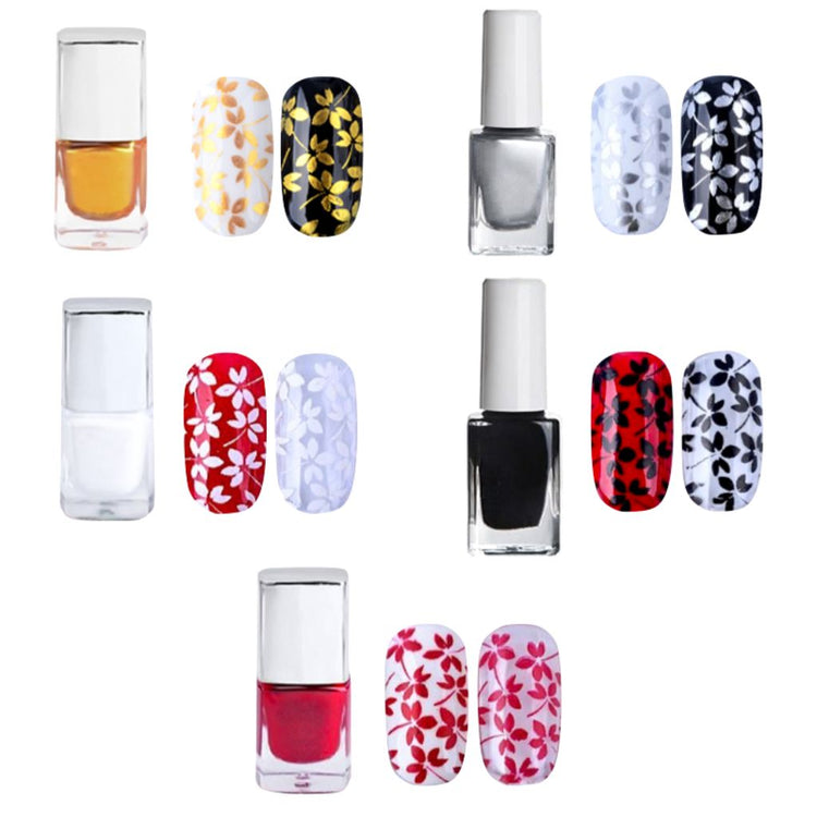 Five-colour nail art stamping polish set with gold, silver, black, white and red polishes shown with floral stamped nail designs on assorted nail tips