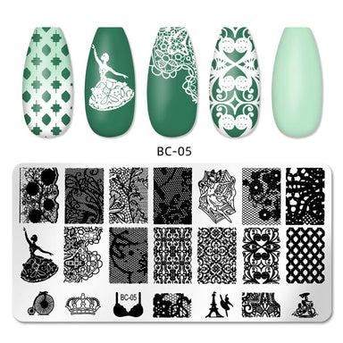 Nail stamping plate and sample nail tips showing the BC-05 pattern set. The top row displays four green nail tips with different white stamping designs (diamonds, ballerina, lace, floral damask, solid mint).