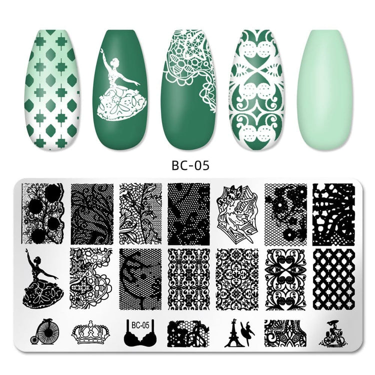 Nail stamping plate and sample nail tips showing the BC-05 pattern set. The top row displays four green nail tips with different white stamping designs (diamonds, ballerina, lace, floral damask, solid mint).