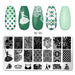 Nail stamping plate and sample nail tips showing the BC-05 pattern set. The top row displays four green nail tips with different white stamping designs (diamonds, ballerina, lace, floral damask, solid mint).