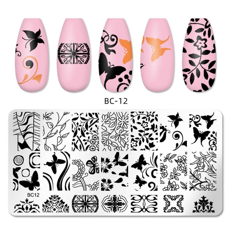 Nail stamping plate with black floral and butterfly patterns, shown below four pink nail tips decorated with the designs. Product code BC-12 is printed near the tips and on the plate.