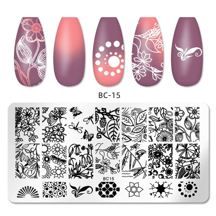 Nail stamping plate set shown with five sample nail tips above and the metal stamping plate below. The sample nails feature floral and abstract designs in white over pink-to-purple gradients, and the plate displays multiple black floral and decorative stamp motifs.