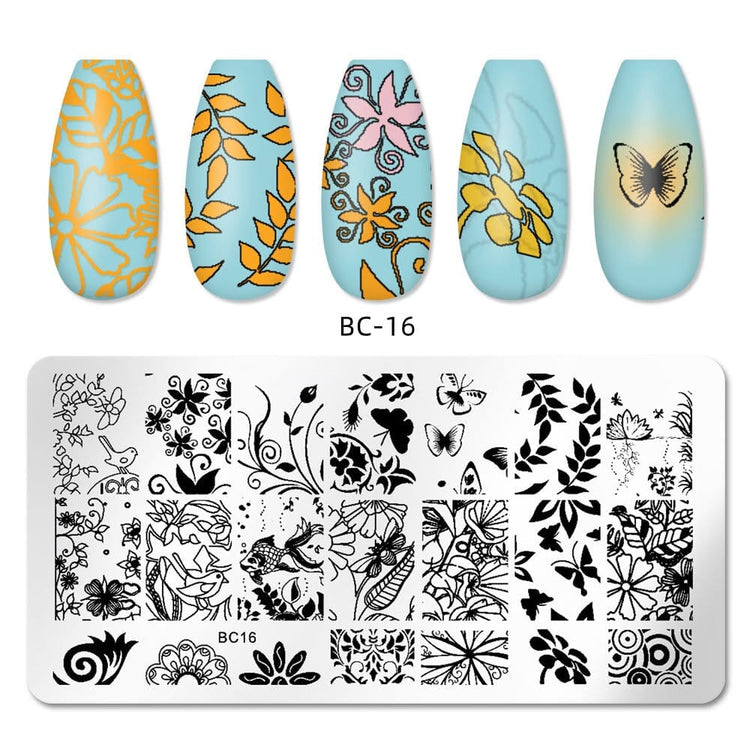 Nail stamping plate with floral and butterfly designs shown above a sample of five decorated nail tips on a white background. The stamping plate is labeled BC16, and the sample tips also show the code BC-16.