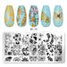 Nail stamping plate with floral and butterfly designs shown above a sample of five decorated nail tips on a white background. The stamping plate is labeled BC16, and the sample tips also show the code BC-16.