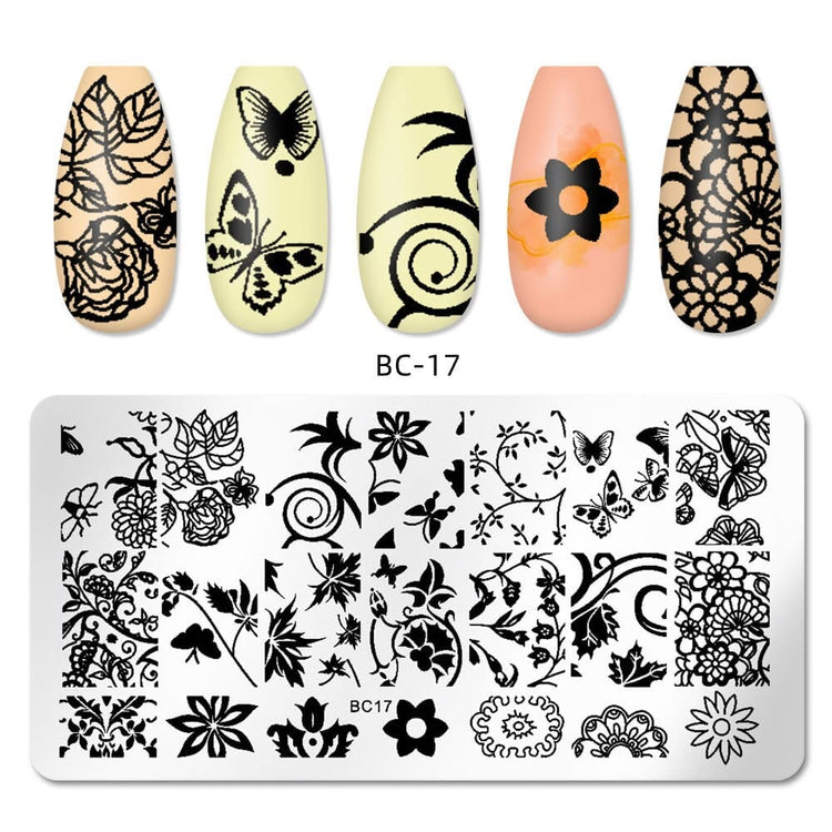 Nail stamping plate with floral and butterfly patterns shown above a sample of five manicure designs on almond-shaped nails. The plate is labeled BC1-7 and the sample designs show different printed nail art effects.