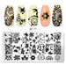 Nail stamping plate with floral and butterfly patterns shown above a sample of five manicure designs on almond-shaped nails. The plate is labeled BC1-7 and the sample designs show different printed nail art effects.