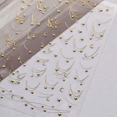 Gold Star Moon and Heart Nail Art Sticker sheet with delicate chain detail designs for manicure decoration