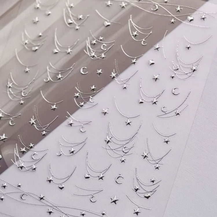 Silver Star Moon and Heart Nail Art Sticker sheet with chain detail designs for manicure decoration