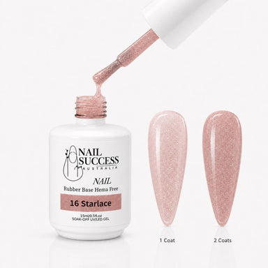 Starlace Rubber Base Gel - open bottle with brush and swatches