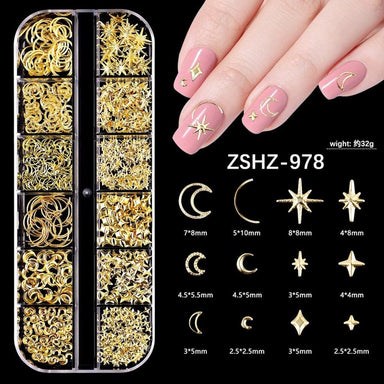 Gold stars and moon nail art charms set with celestial designs and pink manicure sample