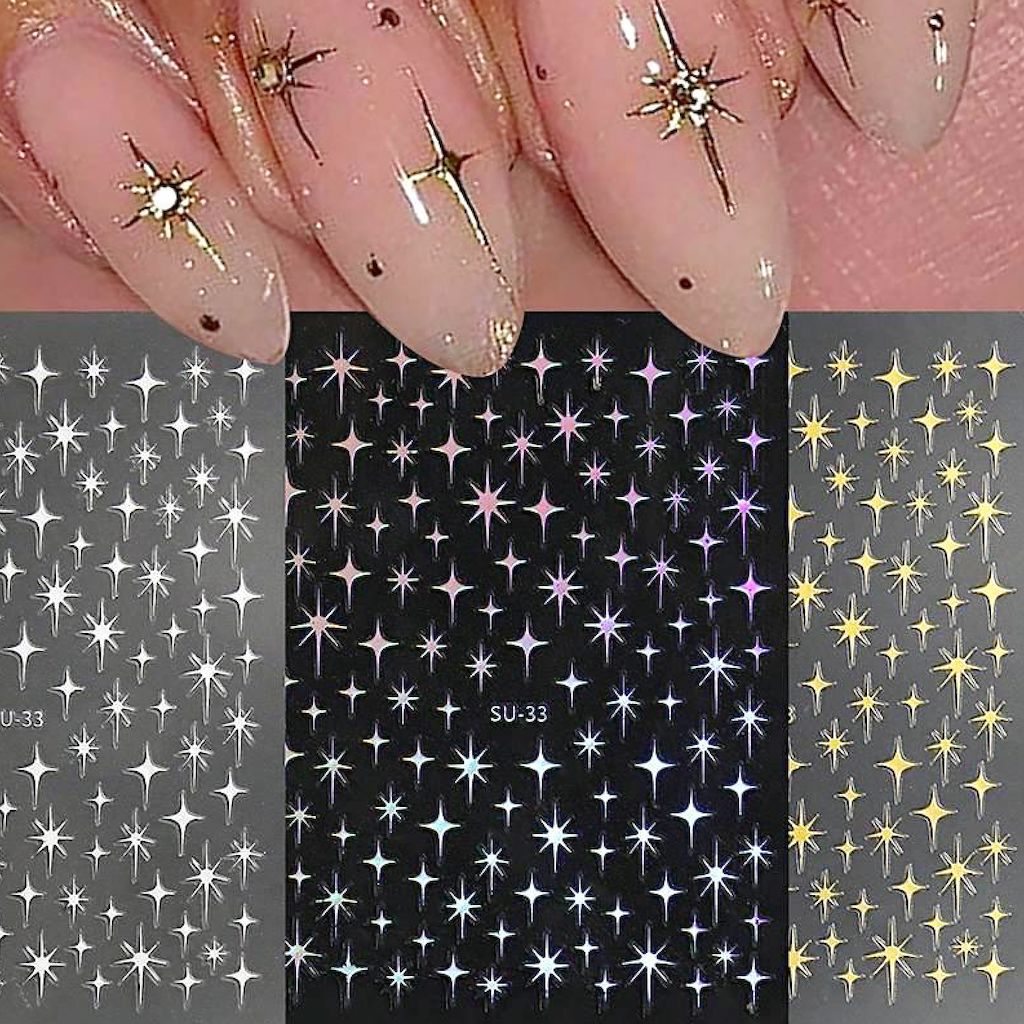 NSI Australia Stars Nail Art Sticker – SU Series self-adhesive starburst decals in silver, holographic and gold for gel or acrylic nails