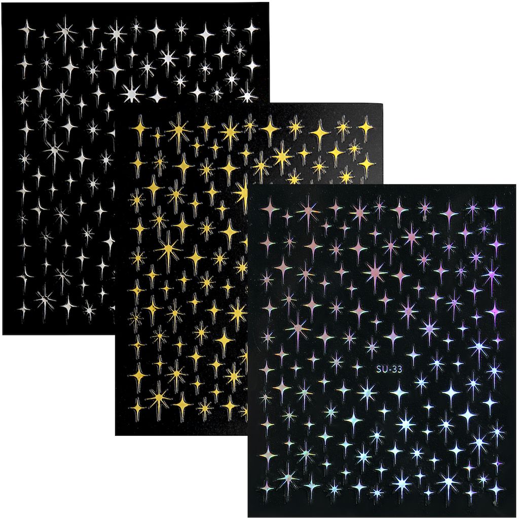 NSI Australia SU Series Stars Nail Art Stickers – 3-pack with silver, gold and holographic laser starburst decal sheets for nails