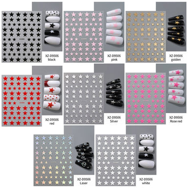 Star Nail Art Sticker XZ Series colour chart with black, pink, gold, red, silver, rose red, laser and white star designs