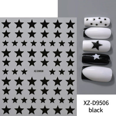 Black Star Nail Art Sticker XZ-D9506 sheet with black star designs and black white manicure samples