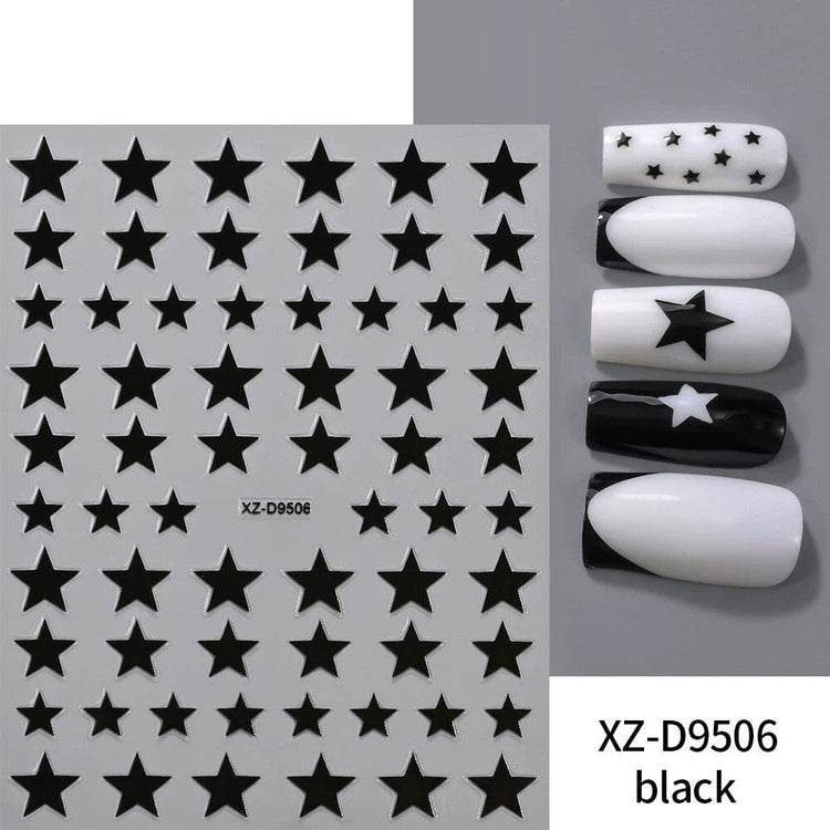 Black Star Nail Art Sticker XZ-D9506 sheet with black star designs and black white manicure samples