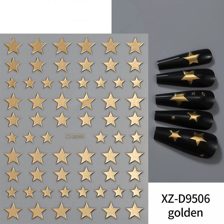 Gold Star Nail Art Sticker XZ-D9506 sheet with metallic gold star designs and black manicure samples