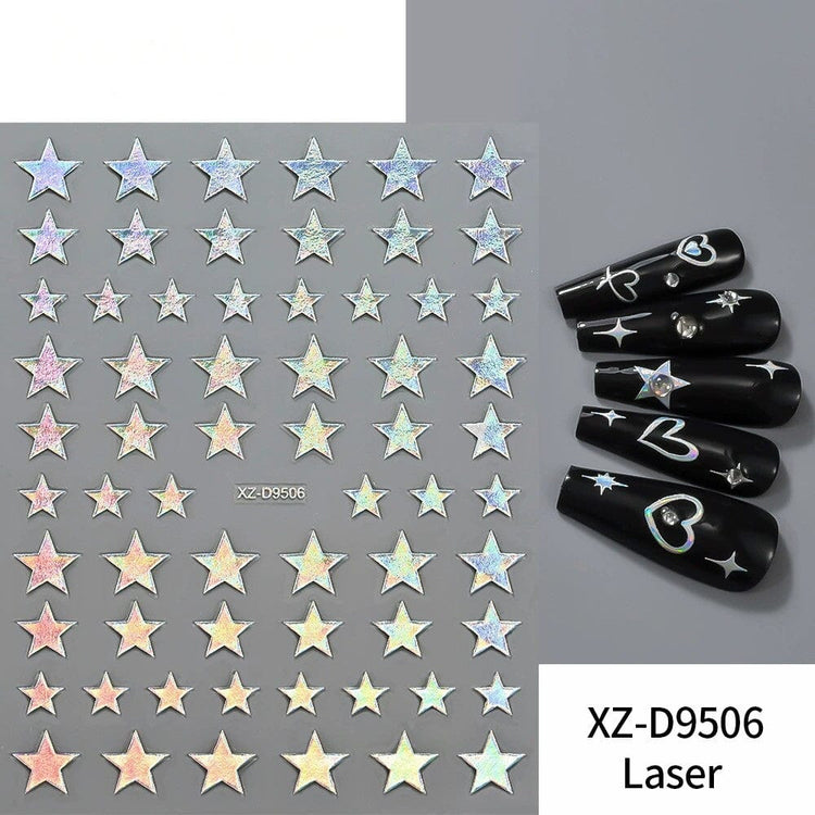 Laser Star Nail Art Sticker XZ-D9506 sheet with holographic star designs and black manicure samples