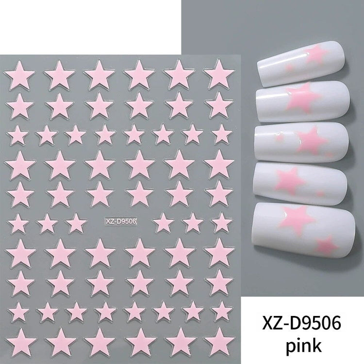 Light Pink Star Nail Art Sticker XZ-D9506 sheet with pastel pink star designs and white manicure samples