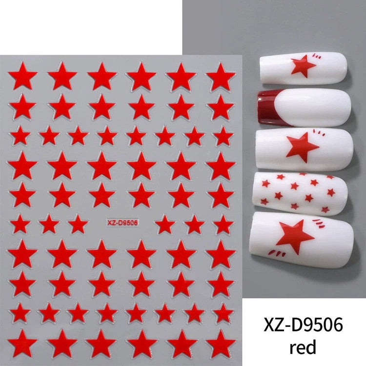 Red Star Nail Art Sticker XZ-D9506 sheet with bright red star designs and white manicure samples