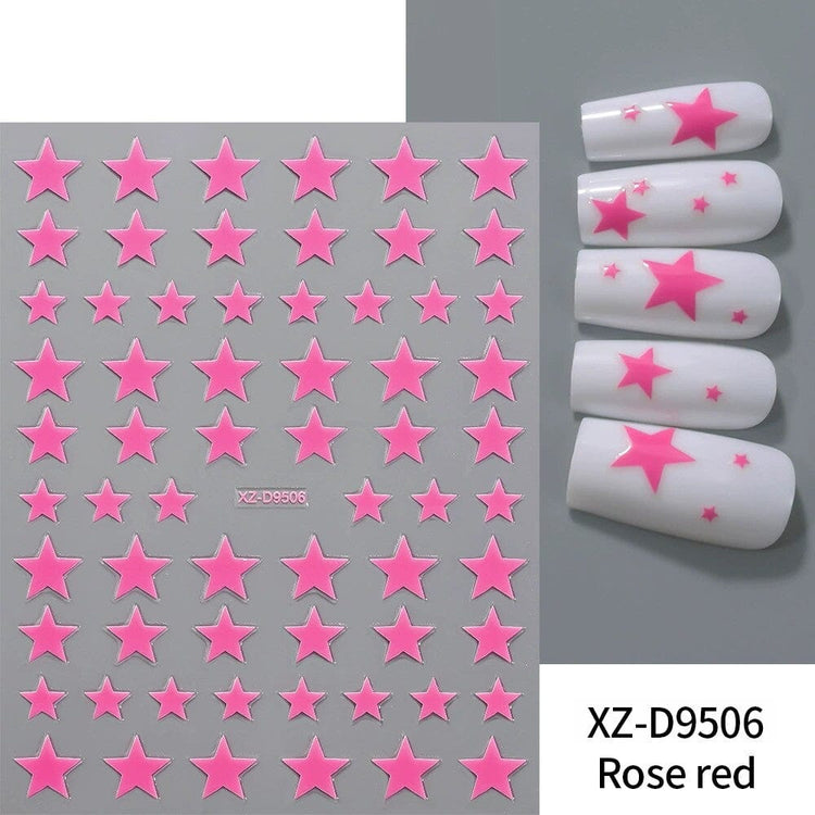 Rose Red Star Nail Art Sticker XZ-D9506 sheet with bright pink star designs and white manicure samples