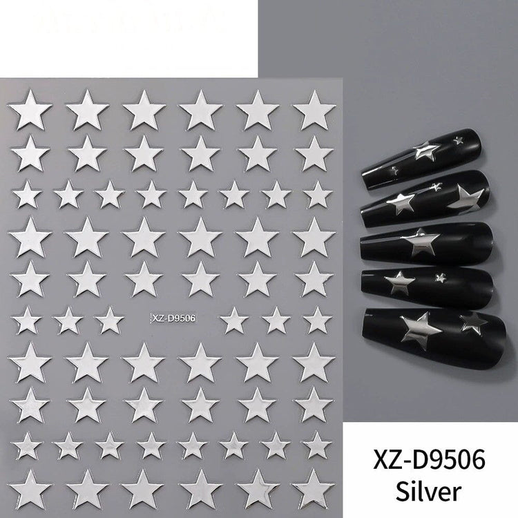 Silver Star Nail Art Sticker XZ-D9506 sheet with metallic silver star designs and black manicure samples