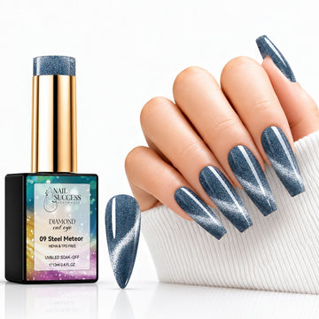 Nail Success Steel Meteor 09 cat eye gel polish with matching swatch and slate blue coffin nails featuring silver shimmer bands.
