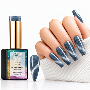 Nail Success Steel Meteor 09 cat eye gel polish with matching swatch and slate blue coffin nails featuring silver shimmer bands.
