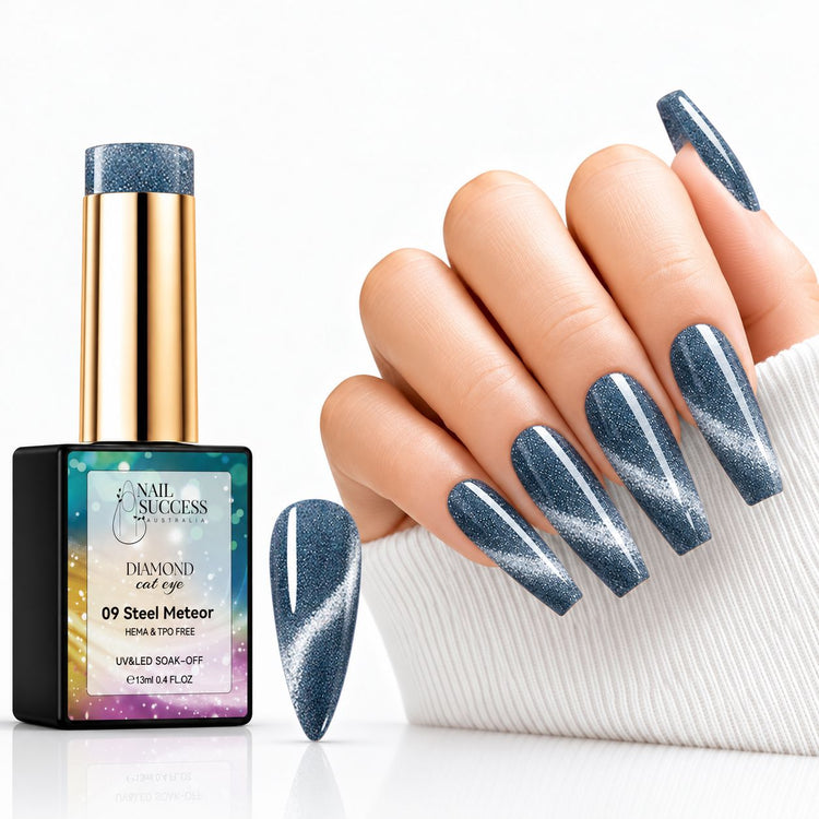 Nail Success Steel Meteor 09 cat eye gel polish with matching swatch and slate blue coffin nails featuring silver shimmer bands.
