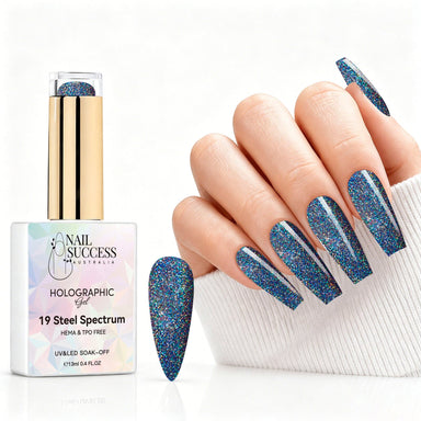 Steel Spectrum holographic gel polish with blue steel glitter swatch and matching manicure for HEMA and TPO free salon nails