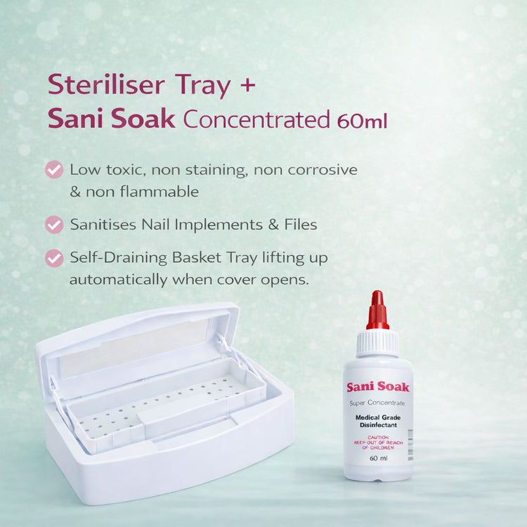 Steriliser tray with Sani Soak concentrated 60ml – sanitises nail tools and files with self-draining basket