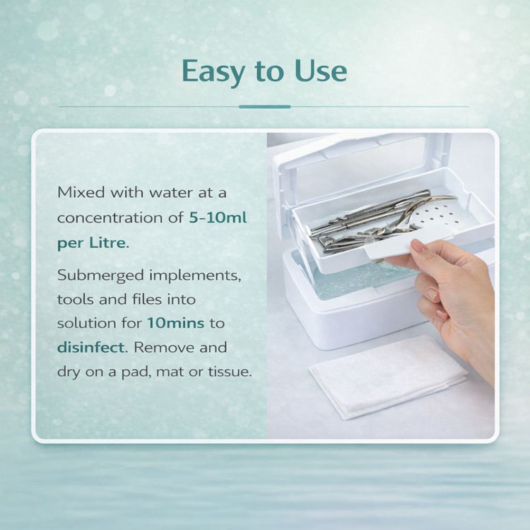 How to use steriliser tray disinfectant: dilute 5–10ml per litre and soak tools for 10 minutes