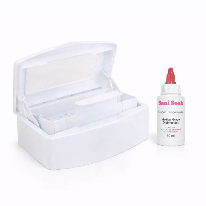 Steriliser tray with basket insert and Sani Soak concentrated disinfectant 60ml