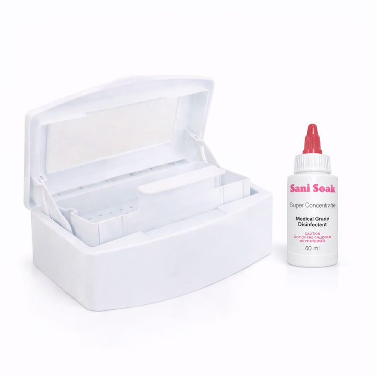 Steriliser tray with basket insert and Sani Soak concentrated disinfectant 60ml