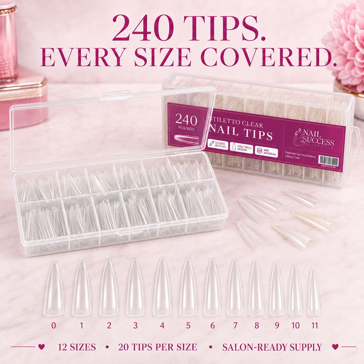 Stiletto Nail Tips 240 pieces across 12 sizes numbered 0 to 11 with 20 tips per size