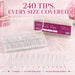 Stiletto Nail Tips 240 pieces across 12 sizes numbered 0 to 11 with 20 tips per size