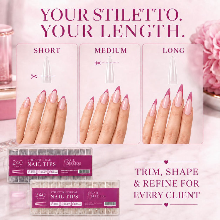 Stiletto Nail Tips trimmed to short, medium and long lengths showing customisable stiletto nail extensions