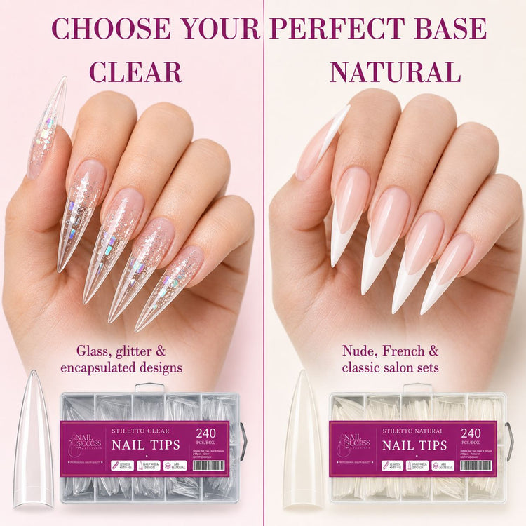Stiletto Nail Tips Clear versus Natural comparison for glitter encapsulated and French salon nail designs