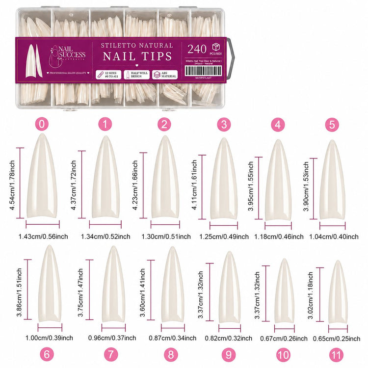 Stiletto Natural Nail Tips size chart with 12 sizes 0 to 11 and measurements in cm and inches
